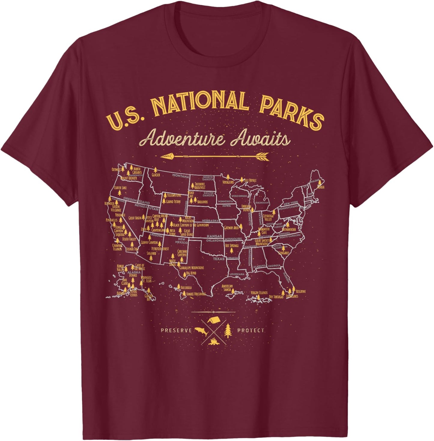 62 National Parks Map Gifts US Park Vintage Camping Hiking T-Shirt - T-Shirt | Maroon