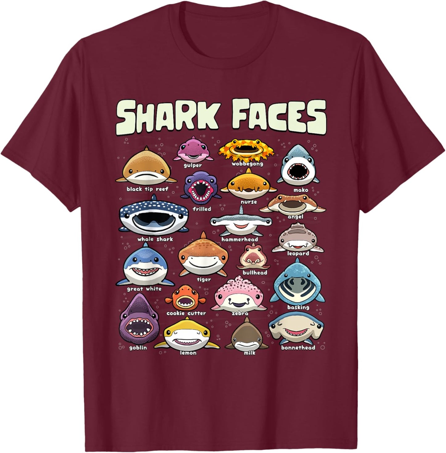 Types of Shark Faces Sea Animals of the World Shark Lover T-Shirt - T-Shirt | Maroon
