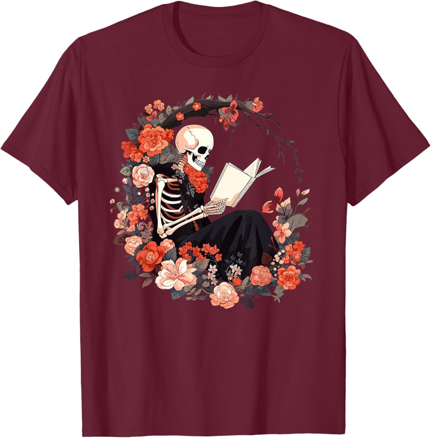 Skeleton Reading Book Lover Floral Flowers Bookish Bookworm T-Shirt - T-Shirt | Maroon
