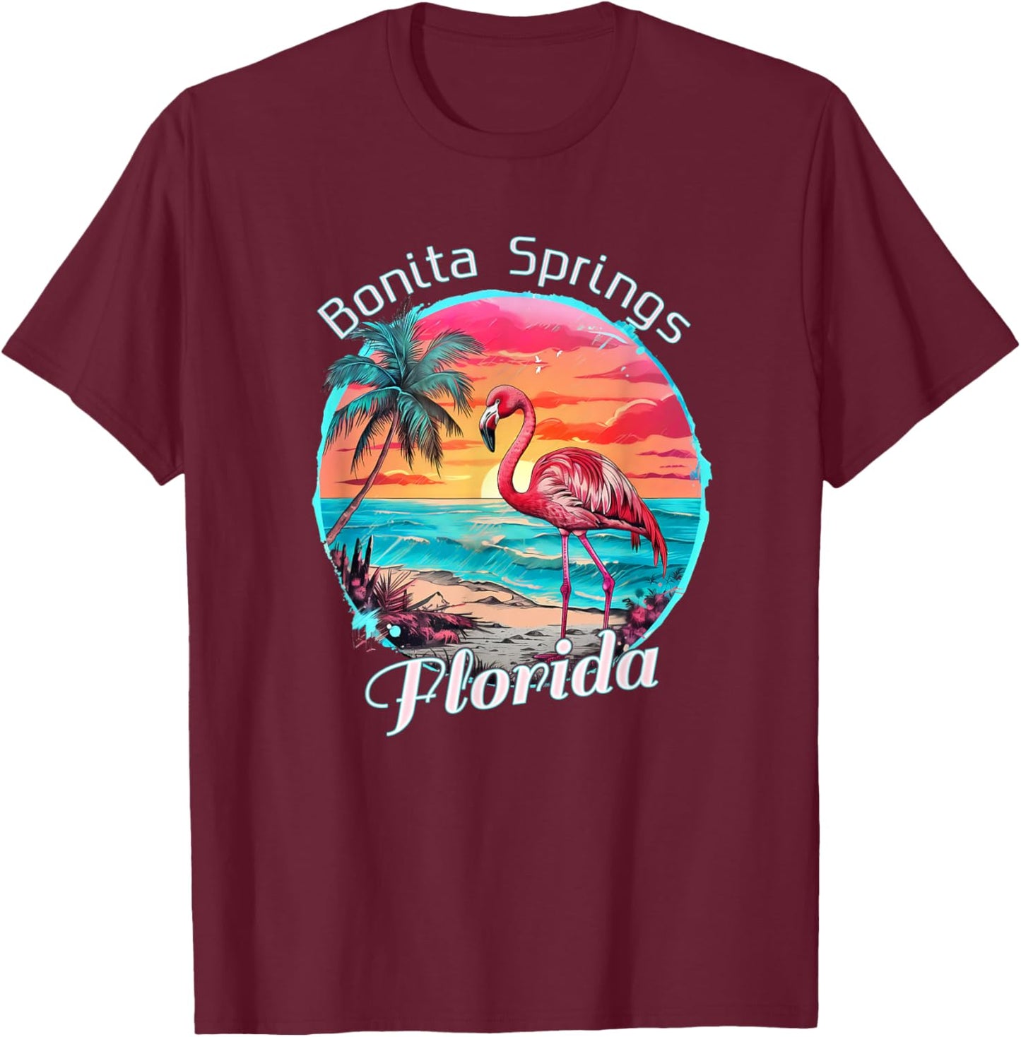 Bonita Springs Florida Beach Flamingo Tropical Souvenir T-Shirt - T-Shirt | Maroon
