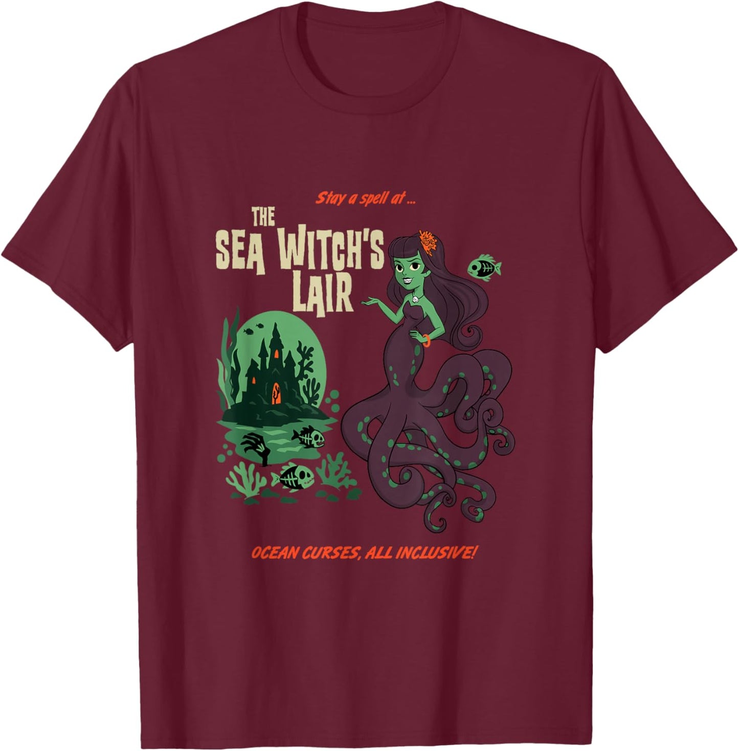 Sea Witch's Lair - Retro Kitsch, Mermaid & Witch core T-Shirt - T-Shirt | Maroon