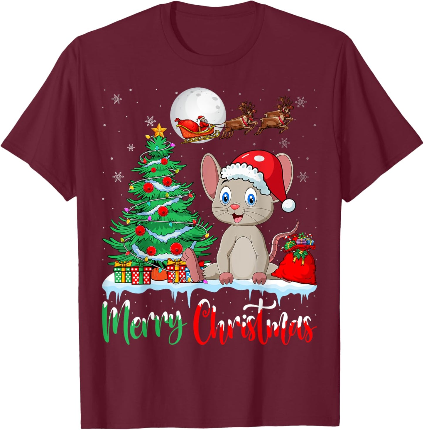 Mouse Wearing Santa Hat Xmas - Merry Christmas Mouse T-Shirt - T-Shirt | Maroon