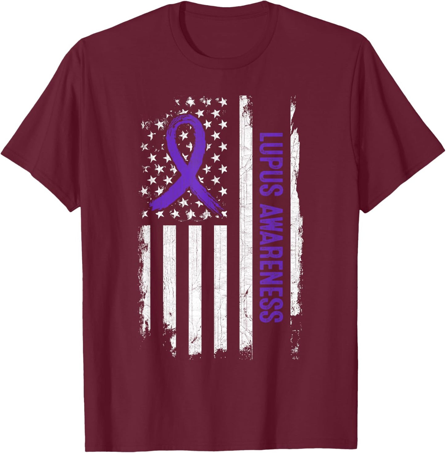 Lupus Awareness American Flag - Purple Ribbon Women Men T-Shirt - T-Shirt | Maroon