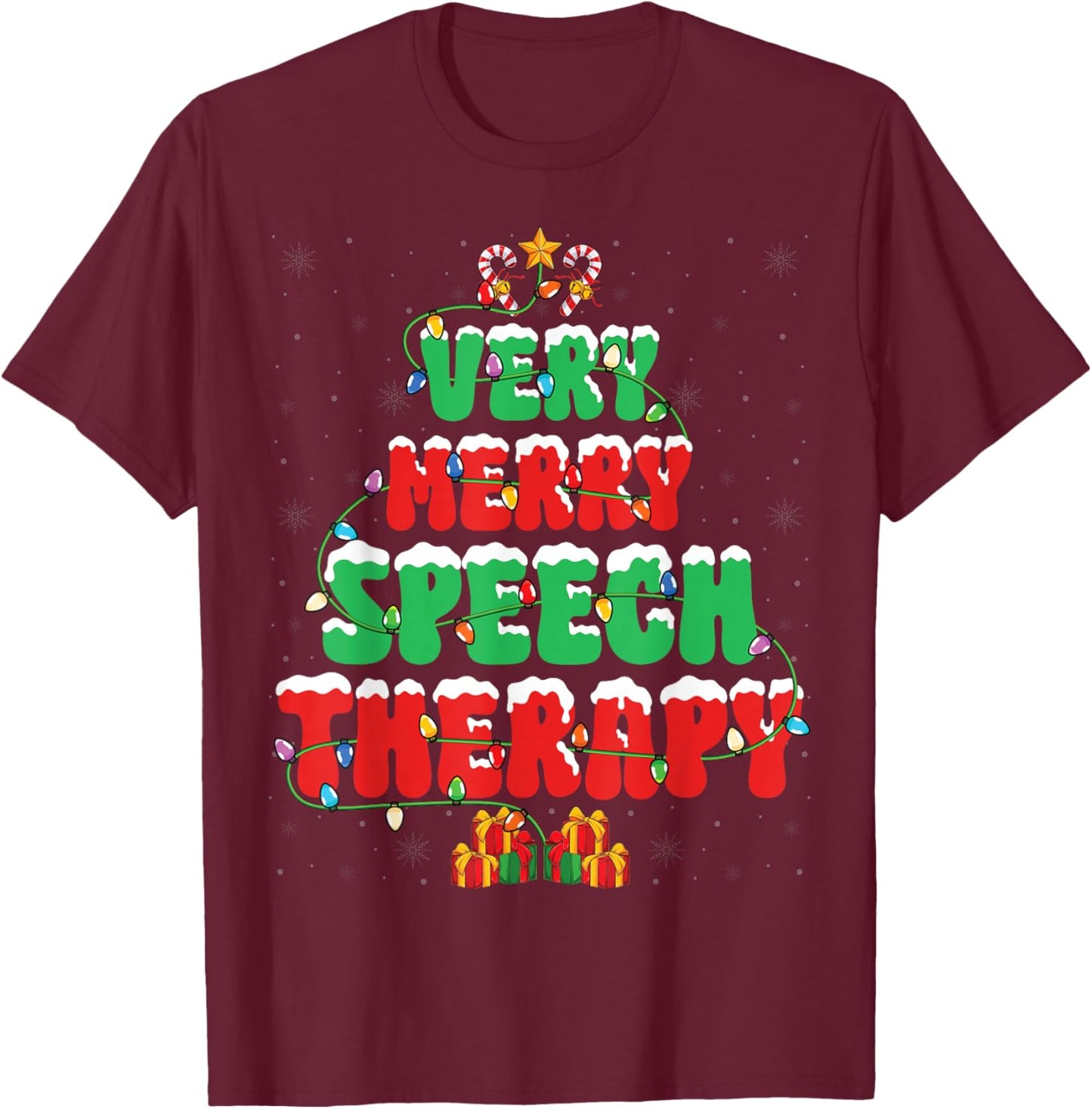 Very Merry Speech Therapy Christmas Tree Xmas Lights SLP T-Shirt - T-Shirt | Maroon