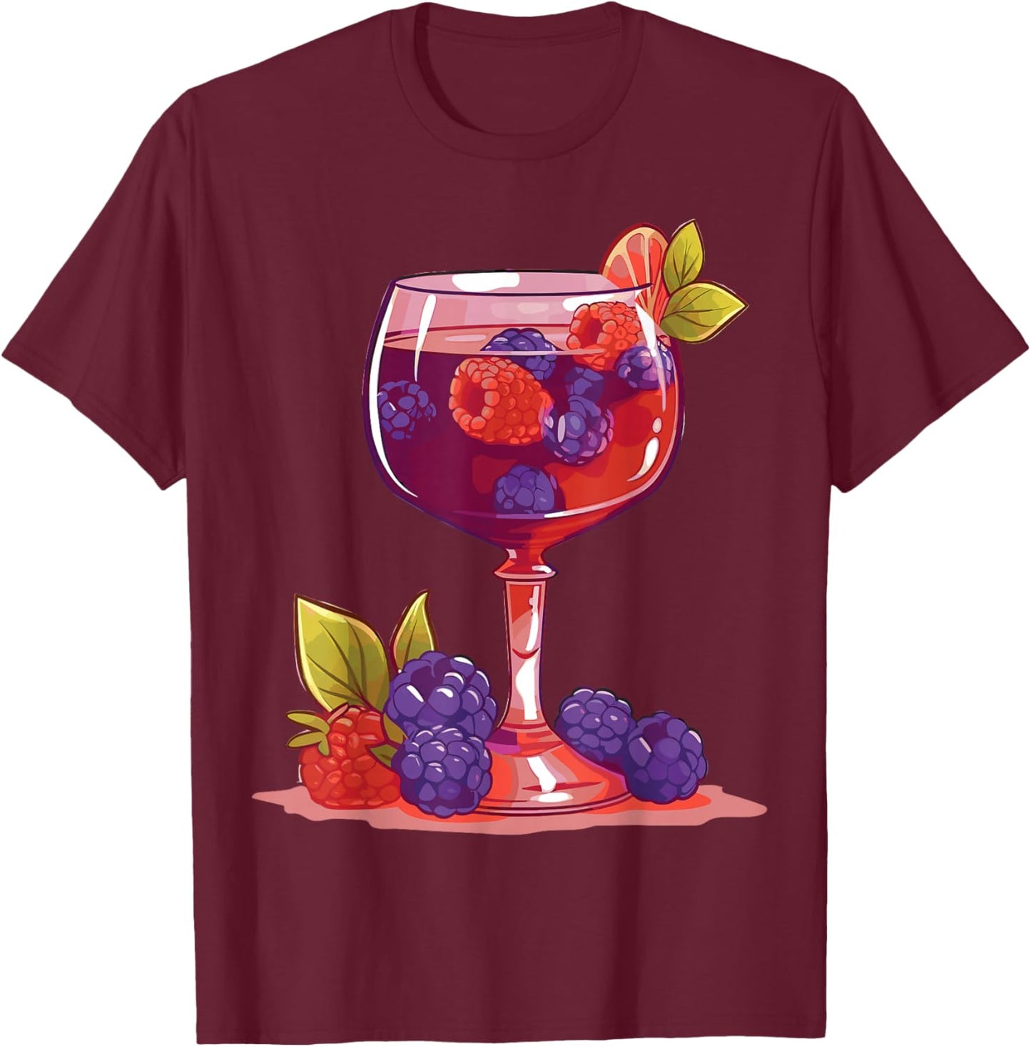 Glass of Wine and Berries Drinking Lover Design T-Shirt - T-Shirt | Maroon