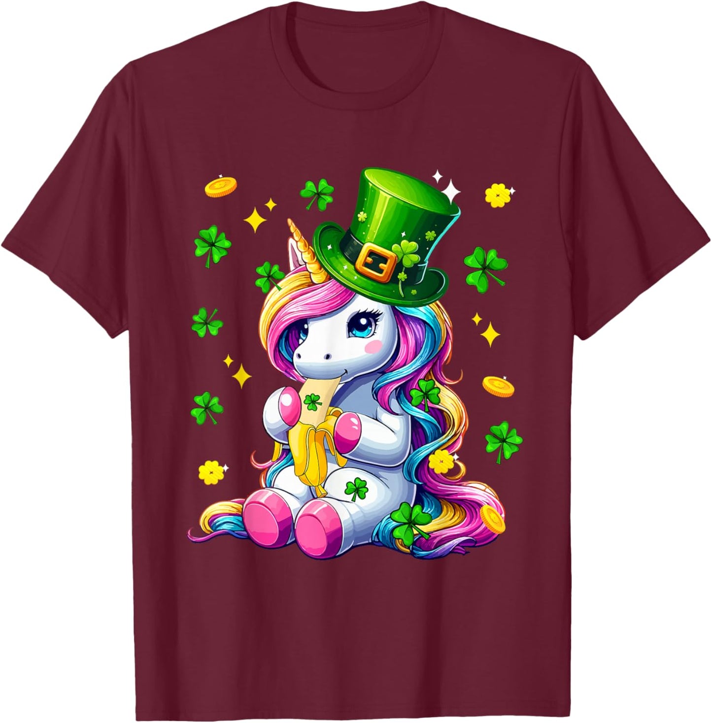 Colorful Unicorn Eating Banana St. Patrick's Day Shamrocks T-Shirt - T-Shirt | Maroon