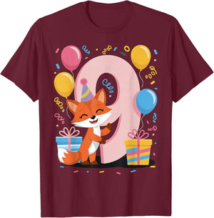 Fox 9th birthday for boy girl 9 years old ninth nine Fox T-Shirt - T-Shirt | Maroon