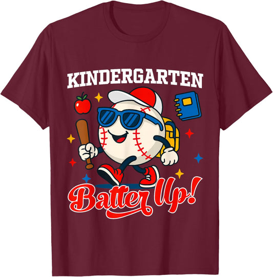 Kindergarten Batter Up Baseball Back to School Teacher Boys T-Shirt - T-Shirt | Maroon