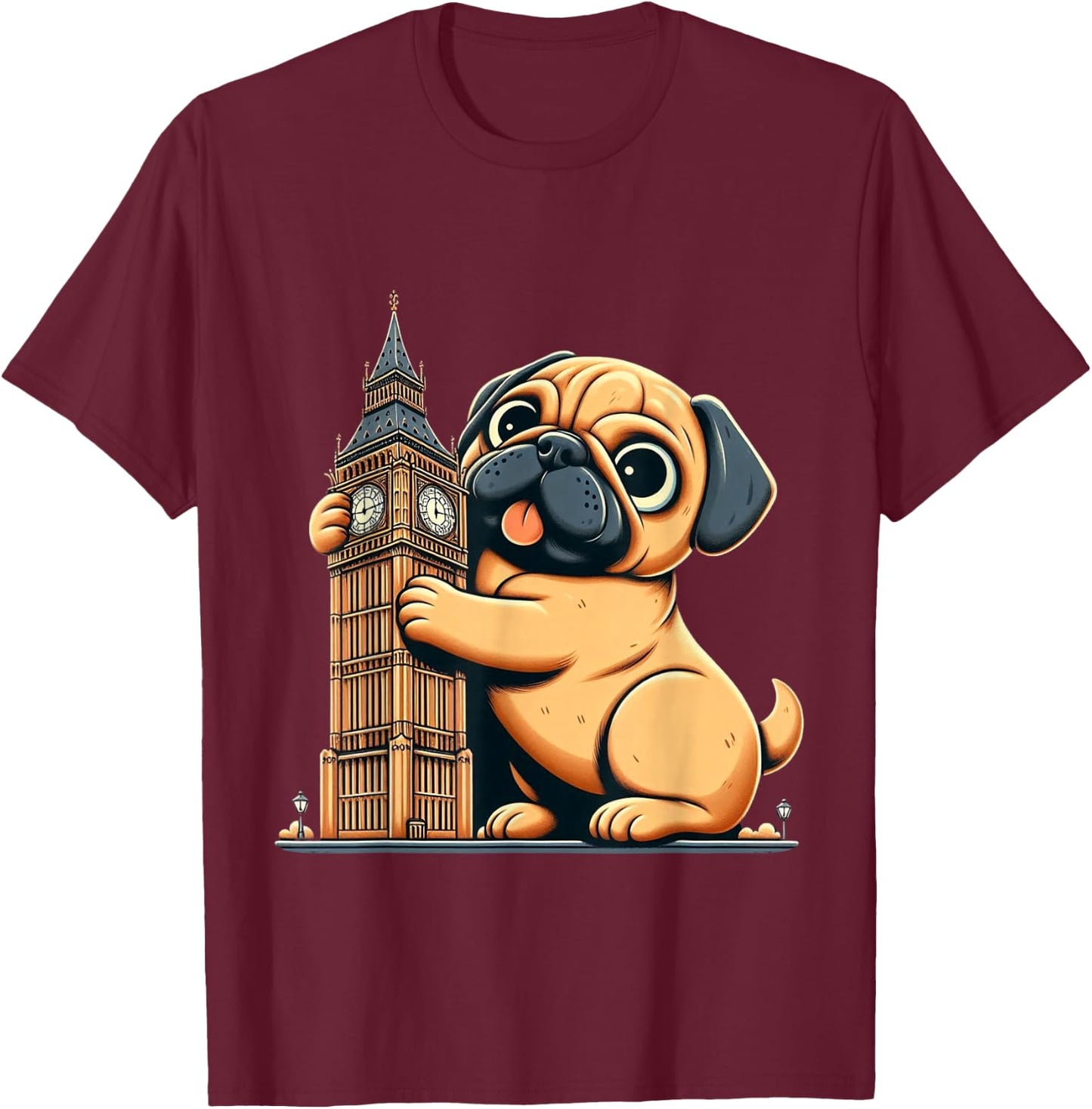Pug Dog Owner Tourist Big Ben London Men Women Kids Family T-Shirt - T-Shirt | Maroon