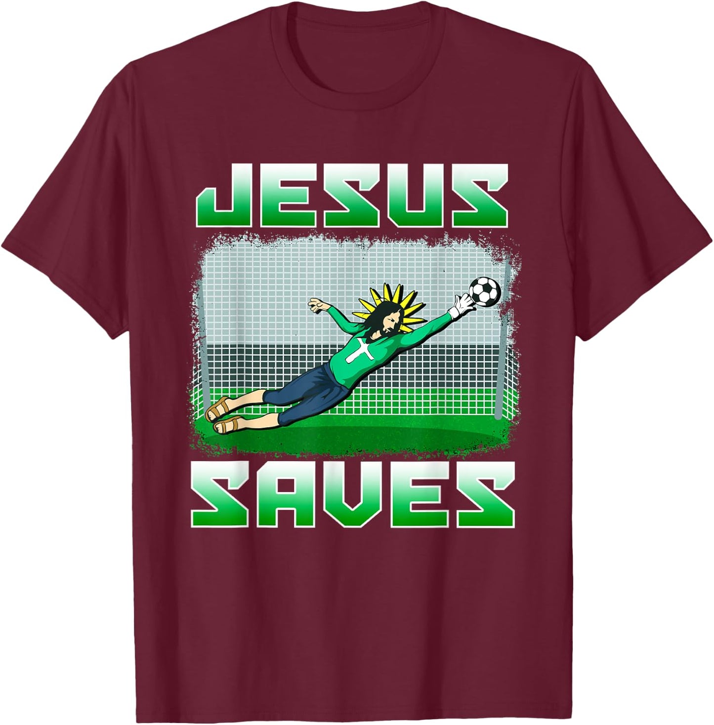 Funny Christian Soccer Jesus Saves Goalie T-Shirt - T-Shirt | Maroon