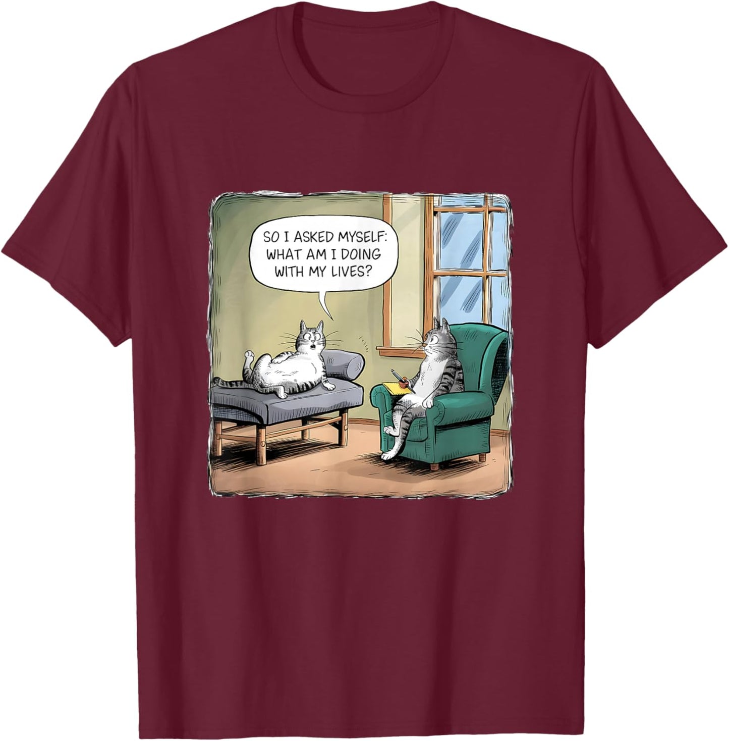 What Am I Doing With My Lives - Funny Midlife Crisis Cat T-Shirt - T-Shirt | Maroon