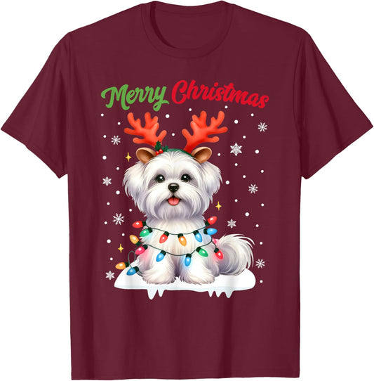 Christmas Pajamas Men Women Kids Maltese Dog Christmas T-Shirt - T-Shirt | Maroon