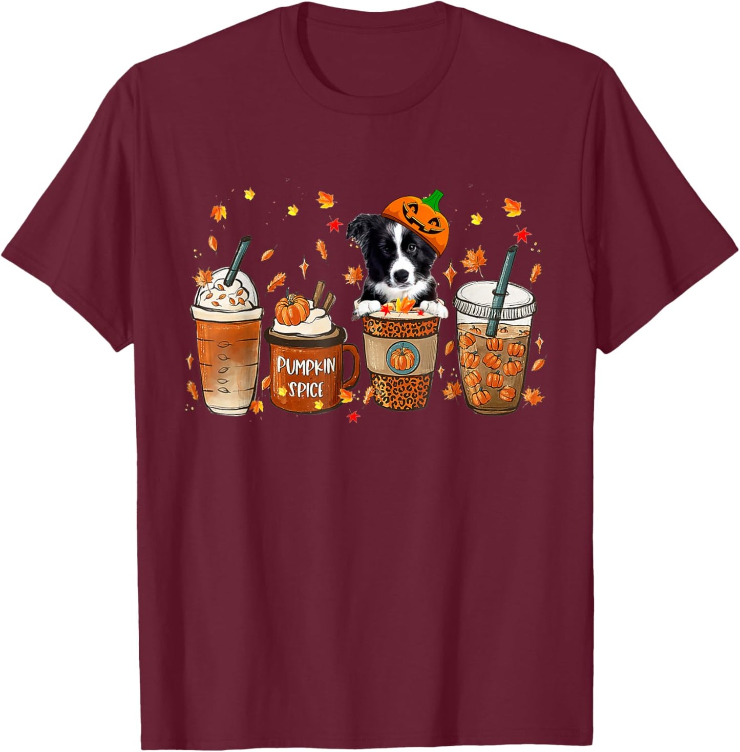 Border Collie Fall Coffee Pumpkin Spice Latte Iced Autumn T-Shirt - T-Shirt | Maroon