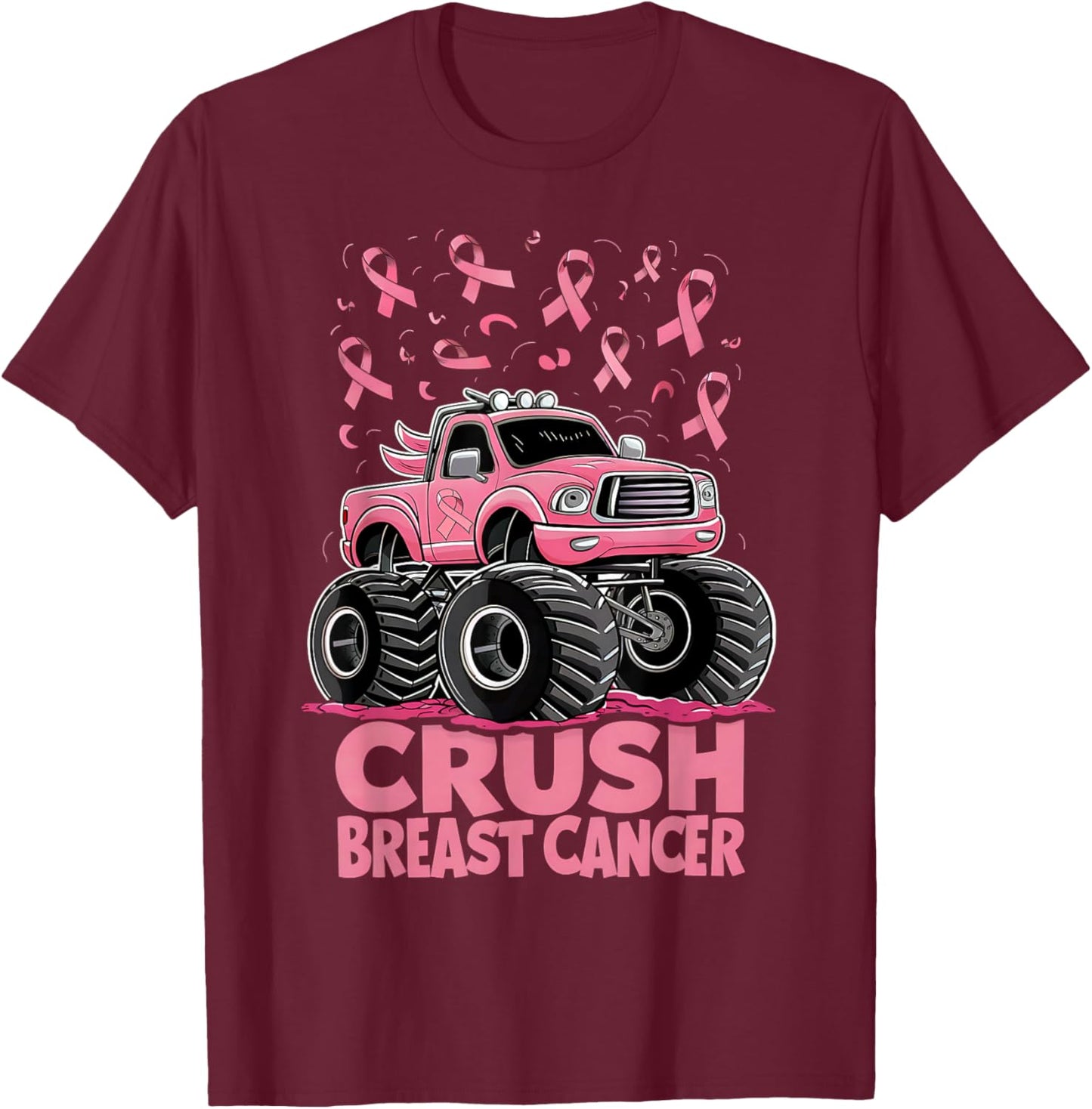 Kids Boys Pink Ribbon Breast Cancer Awareness Crush Cancer T-Shirt - T-Shirt | Maroon