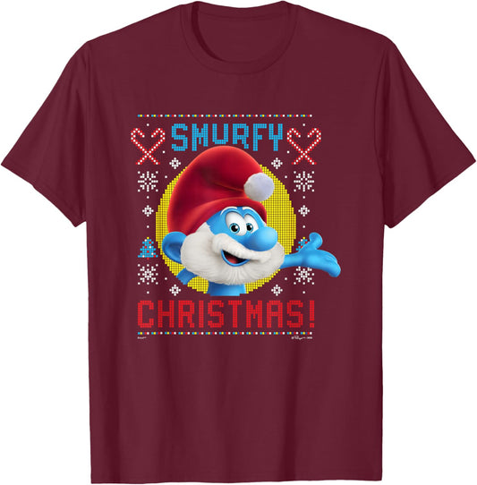 The Smurfs Papa Smurf Smurfy Christmas Ugly Sweater Logo T-Shirt - T-Shirt | Maroon