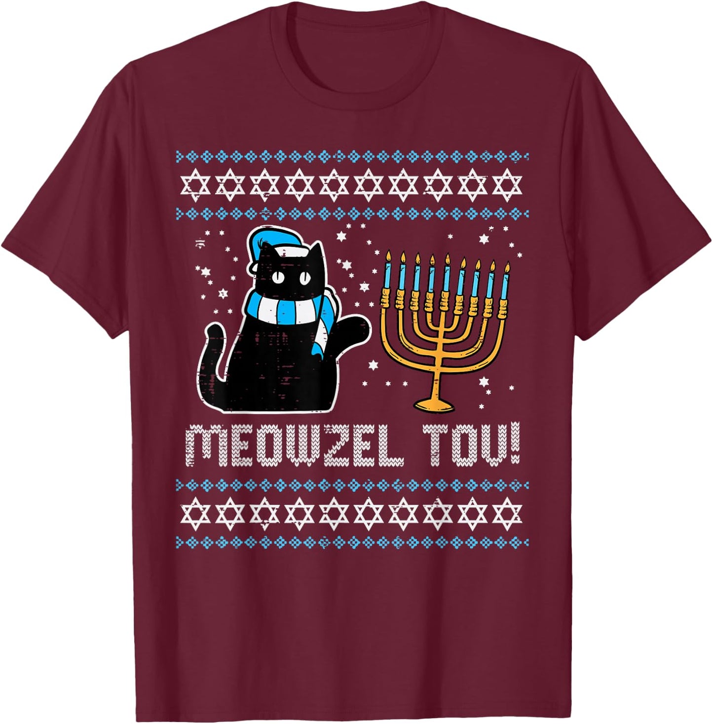 Meowzel Tov Black Cat Funny Hanukkah Chanukah Men Women Kids T-Shirt - T-Shirt | Maroon