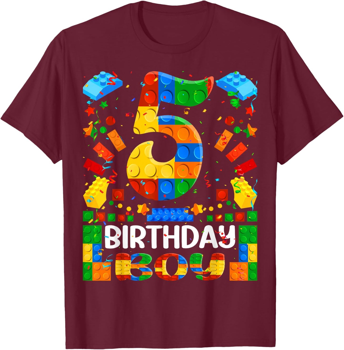 5 Year Old Building Blocks 5th Birthday Boy Brick Builder T-Shirt - T-Shirt | Maroon