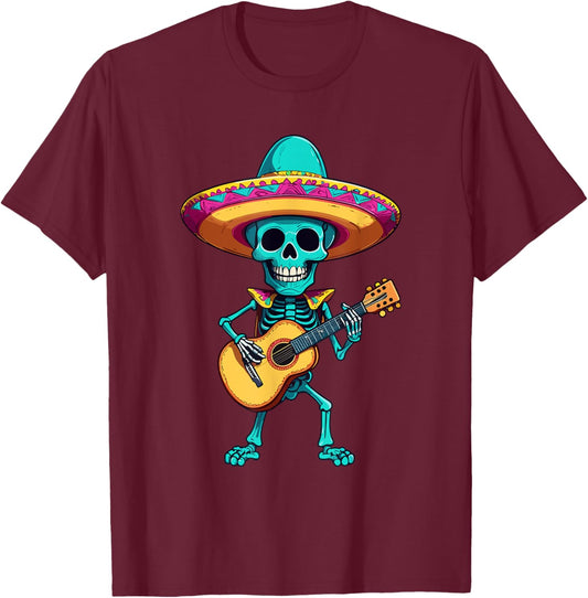 Skelett Mexikanischer Mariachi Gitarrenspieler Design T-Shirt - T-Shirt | Maroon