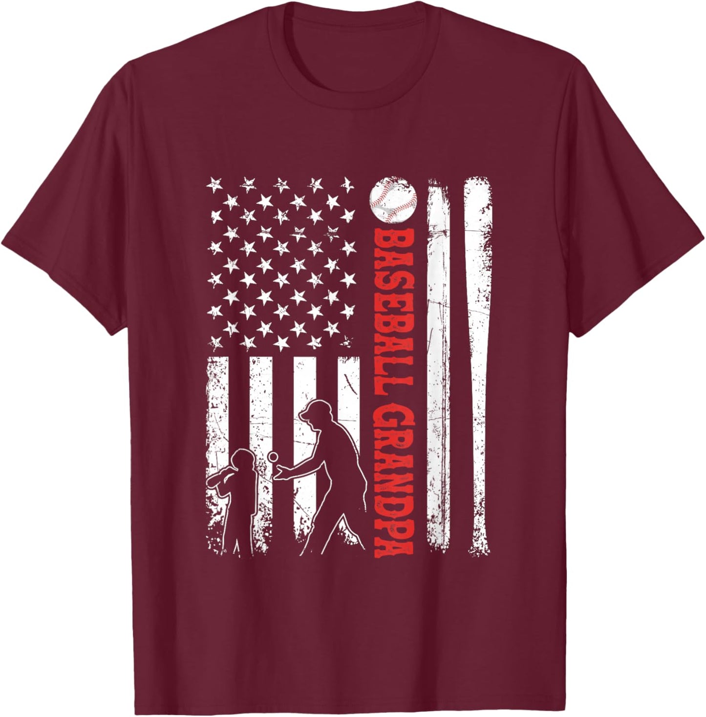 Distressed USA American Flag Baseball Grandpa Father's Day Women Kids Men T-Shirt - T-Shirt | Maroon