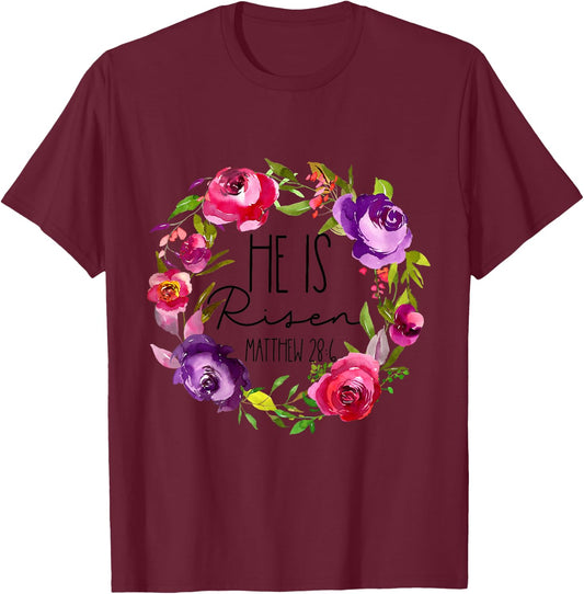 Kids Girls Easter He is Risen for Baby and Toddler Outfit Floral T-Shirt - T-Shirt | Maroon