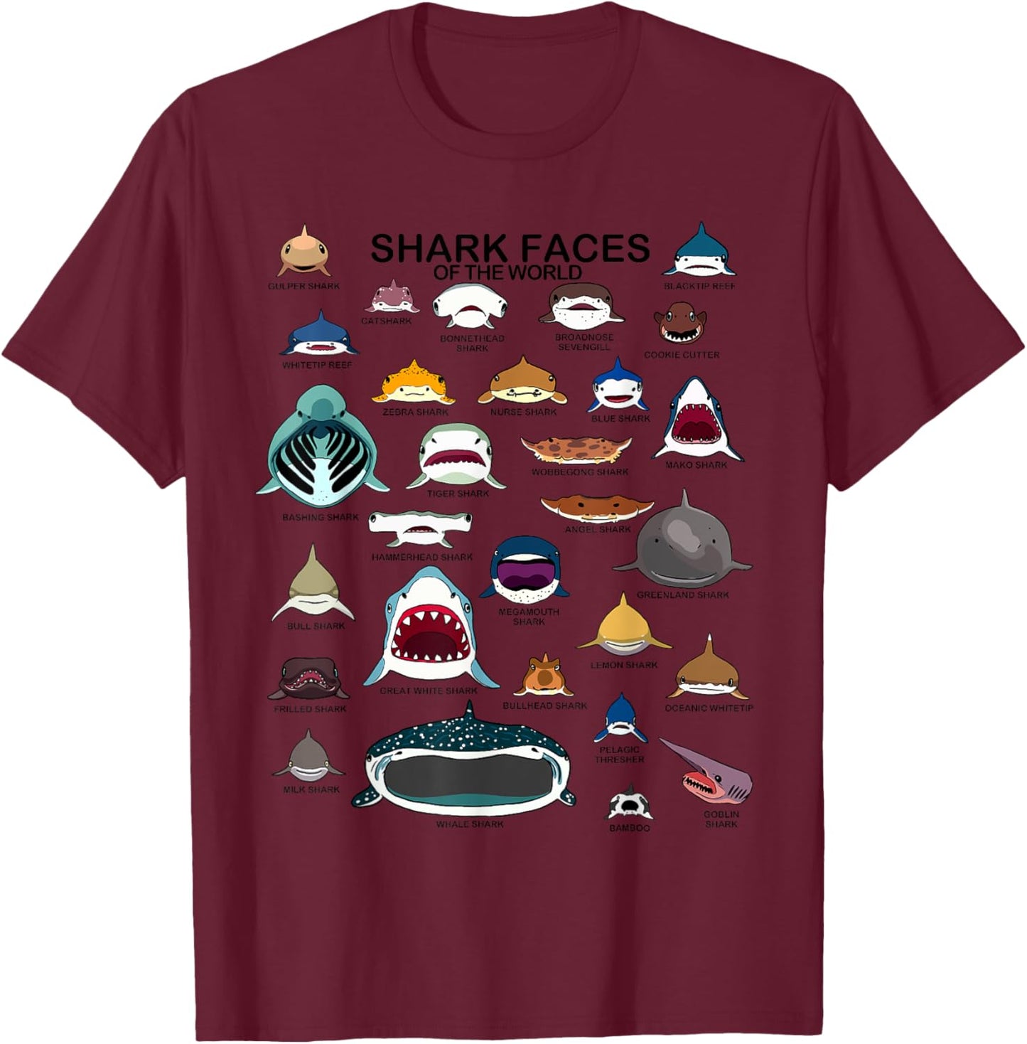 Shark Faces Of The World Love Sharks Kids Shark Mouth , Small T-Shirt - T-Shirt | Maroon