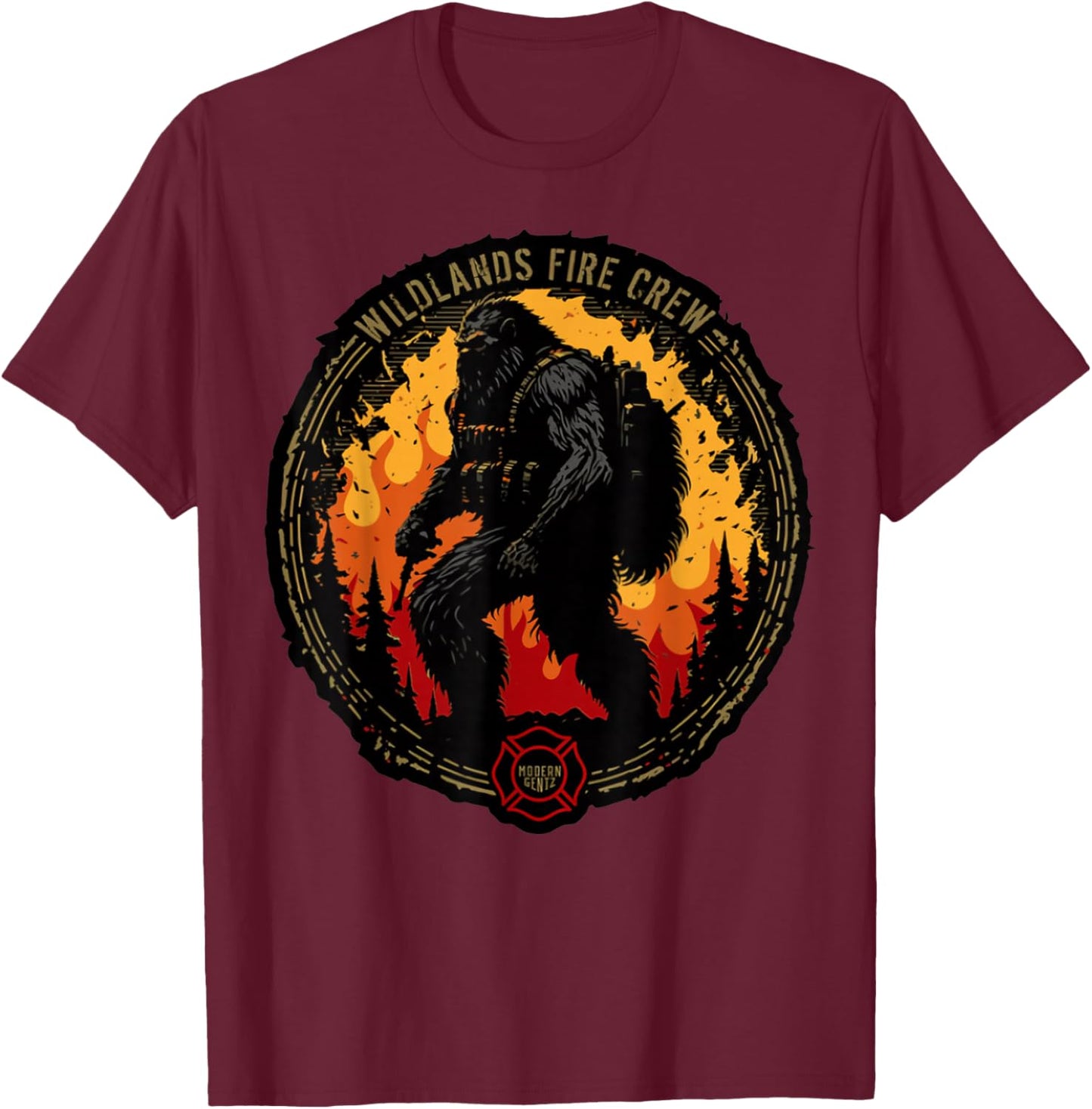 Retro Bigfoot Wildland Firefighter Sasquatch Fireman Gifts T-Shirt - T-Shirt | Maroon