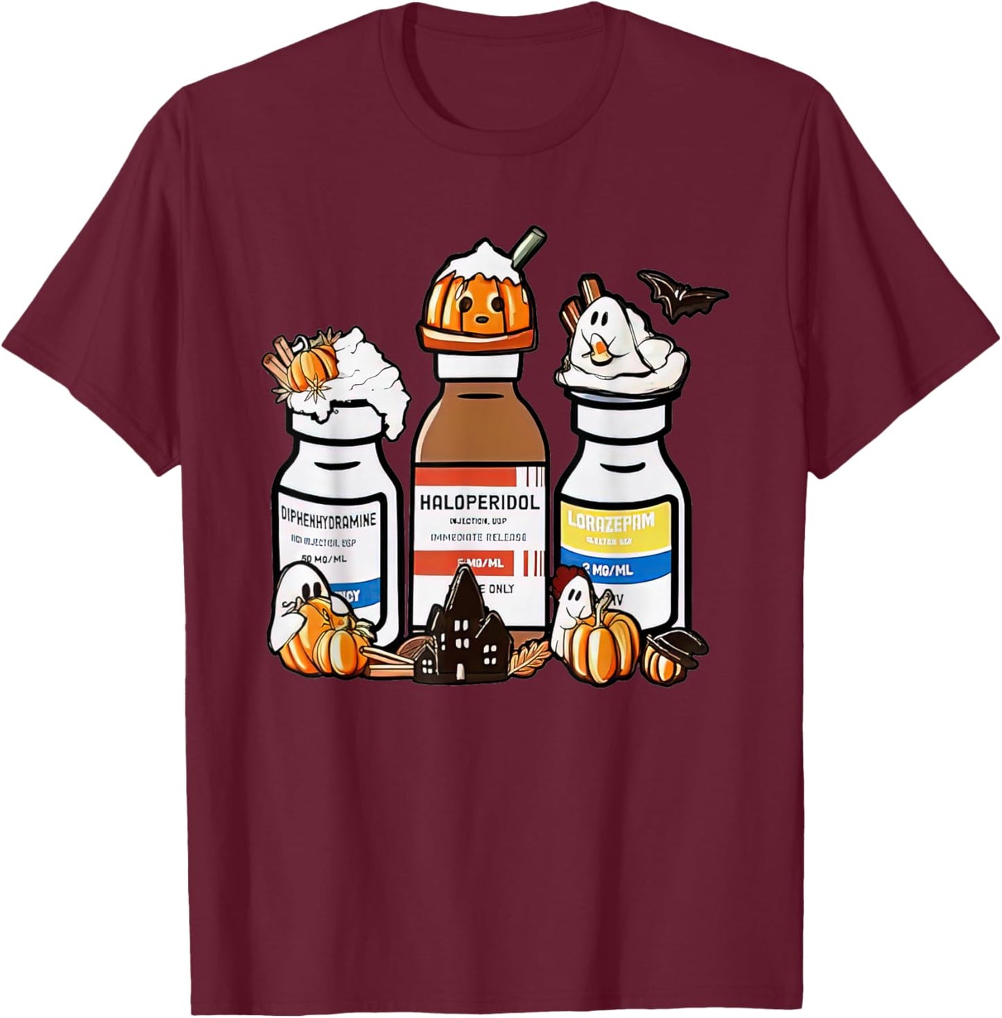 Diphenhydramine Haloperidol Lorazepam Halloween T-Shirt - T-Shirt | Maroon