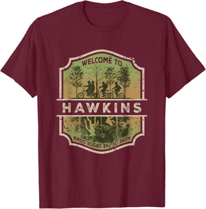 Stranger Things Welcome To Hawkins Upside Down Badge T-Shirt - T-Shirt | Maroon