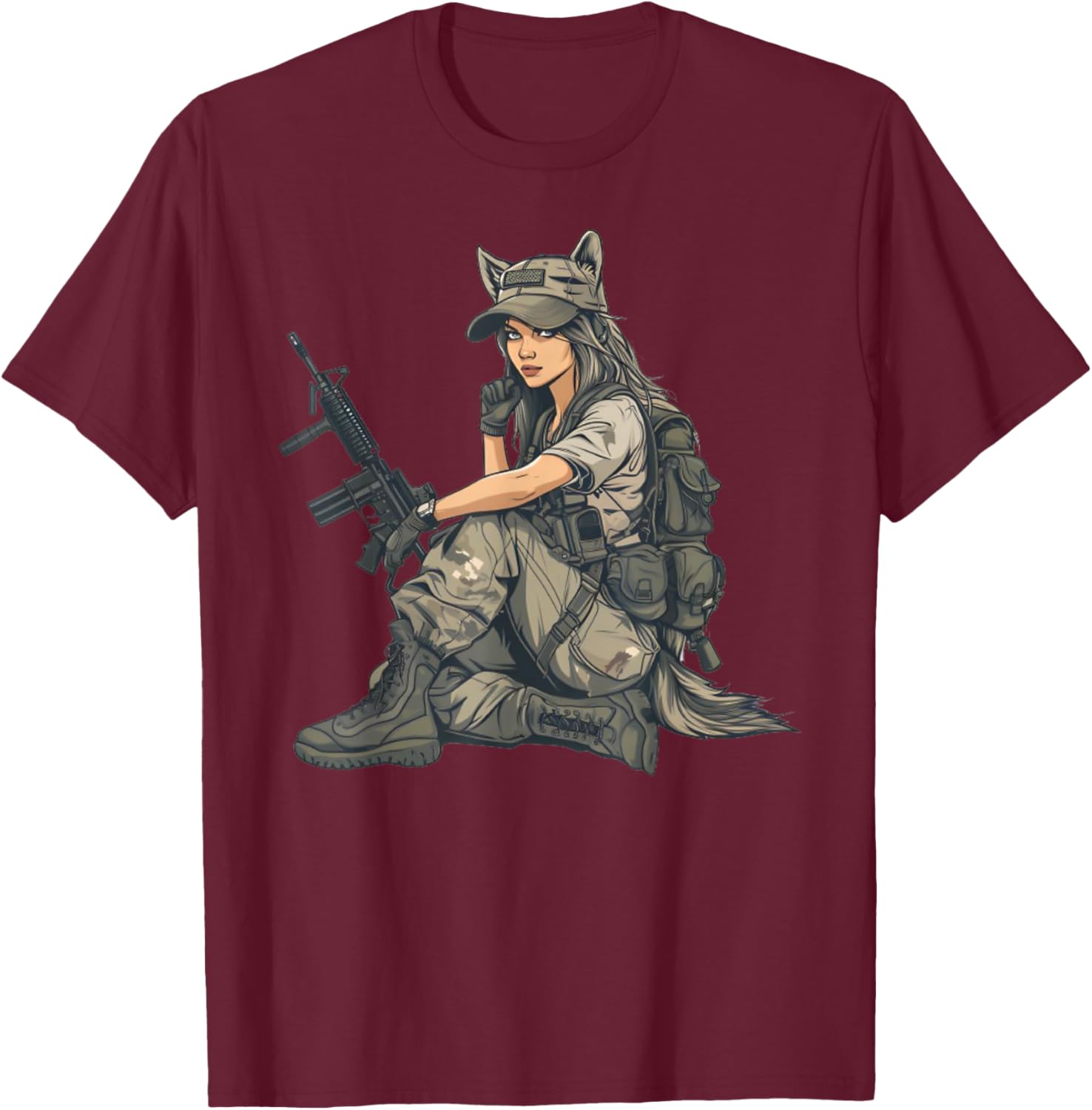 Army Wolf Girl - Wolf Sniper T-Shirt - T-Shirt | Maroon