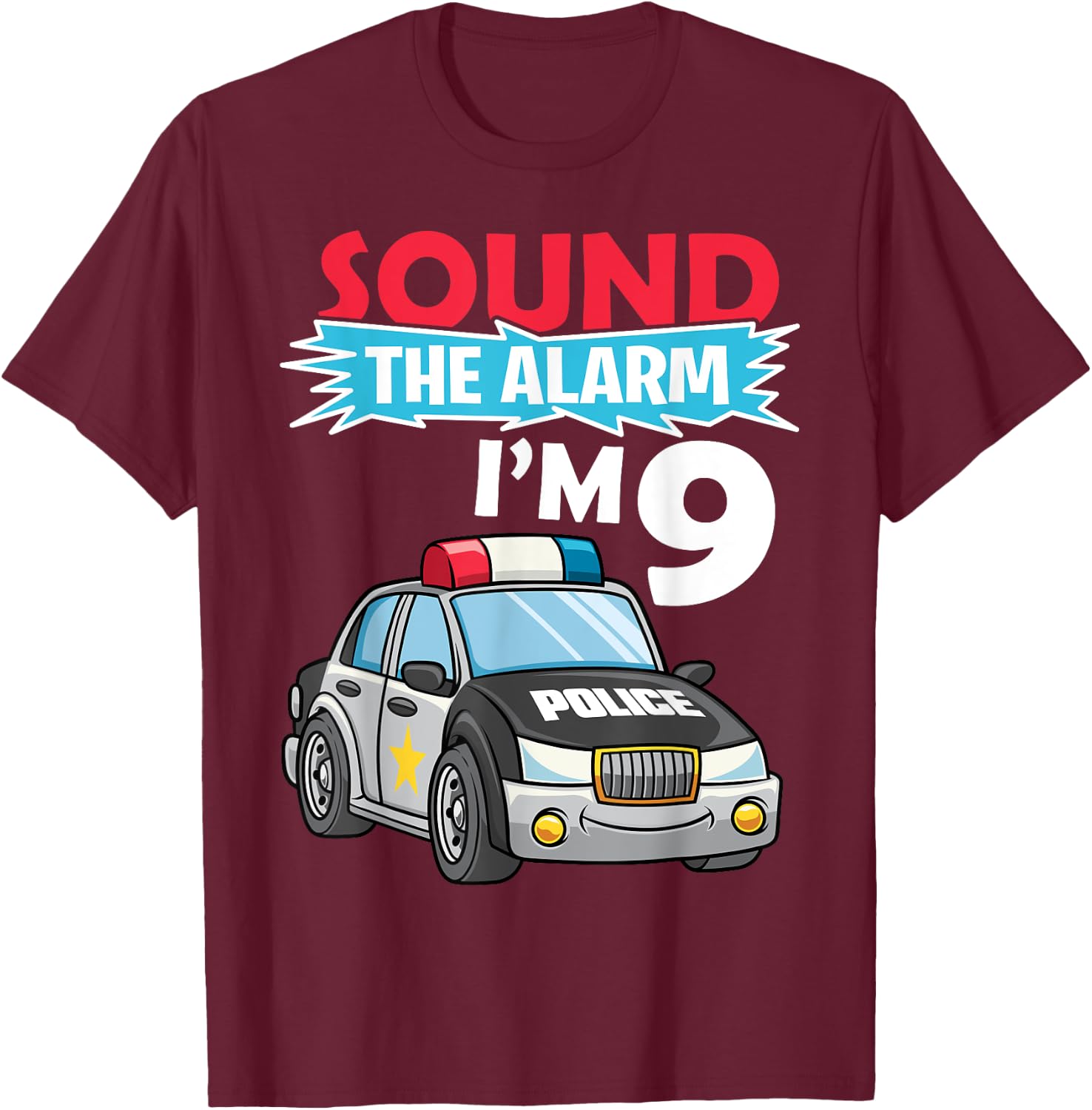 Birthday Boy Shirt 9 Years Old Kids Police Car Policeman Cop T-Shirt - T-Shirt | Maroon