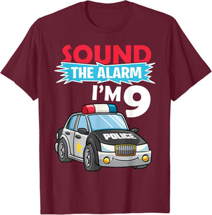 Birthday Boy Shirt 9 Years Old Kids Police Car Policeman Cop T-Shirt - T-Shirt | Maroon