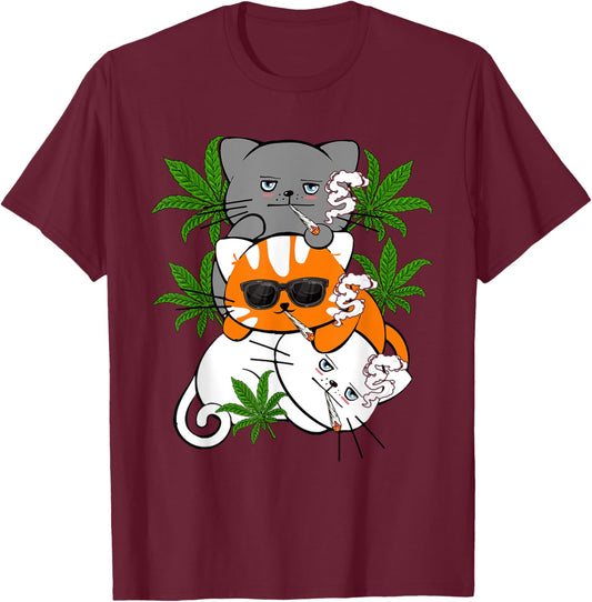 Funny Kawaii Cat Smoking Weed Marijuana Cannabis Kitten T-Shirt - T-Shirt | Maroon