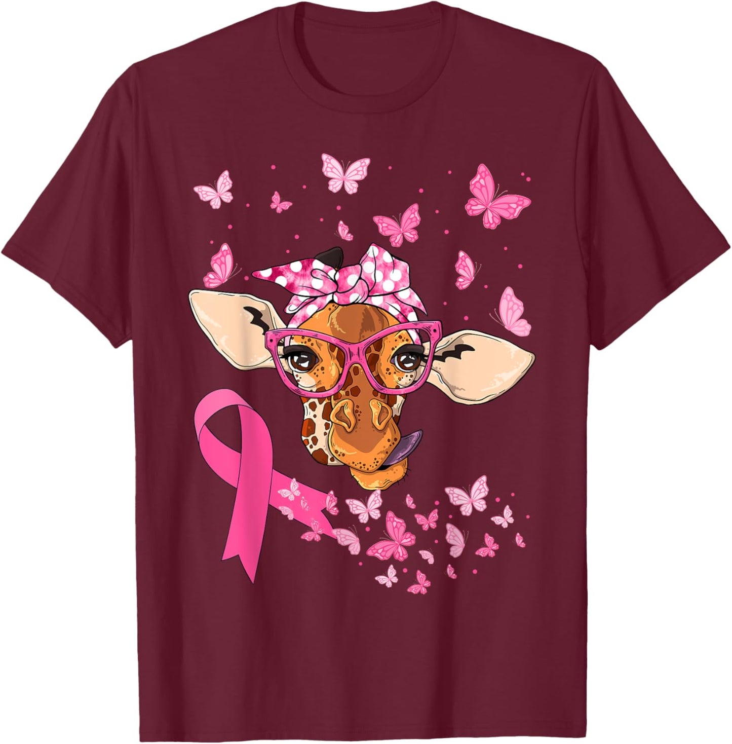 Giraffe & Bandana Pink Ribbon Breast Cancer Awareness Day T-Shirt - T-Shirt | Maroon