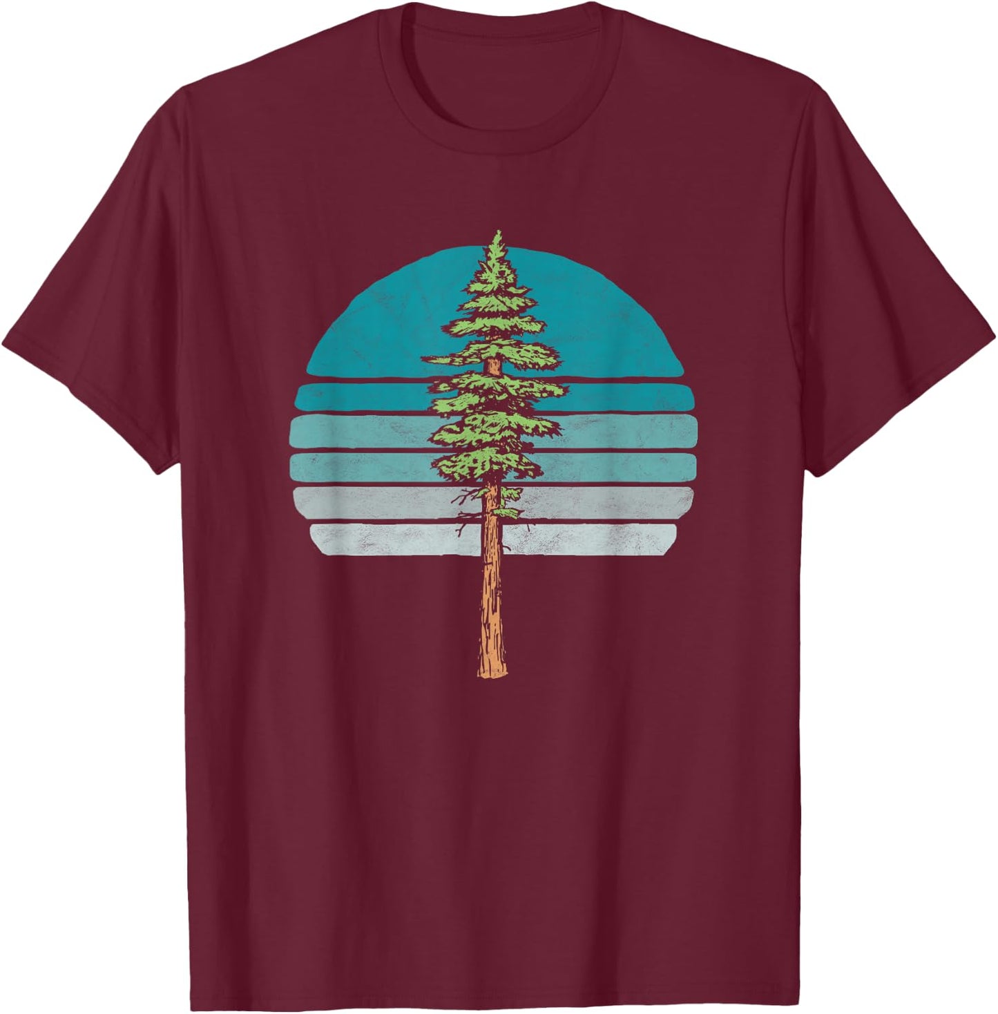 Redwood Tree & Retro Blue Sunset 80s Outdoor Graphic T-Shirt - T-Shirt | Maroon