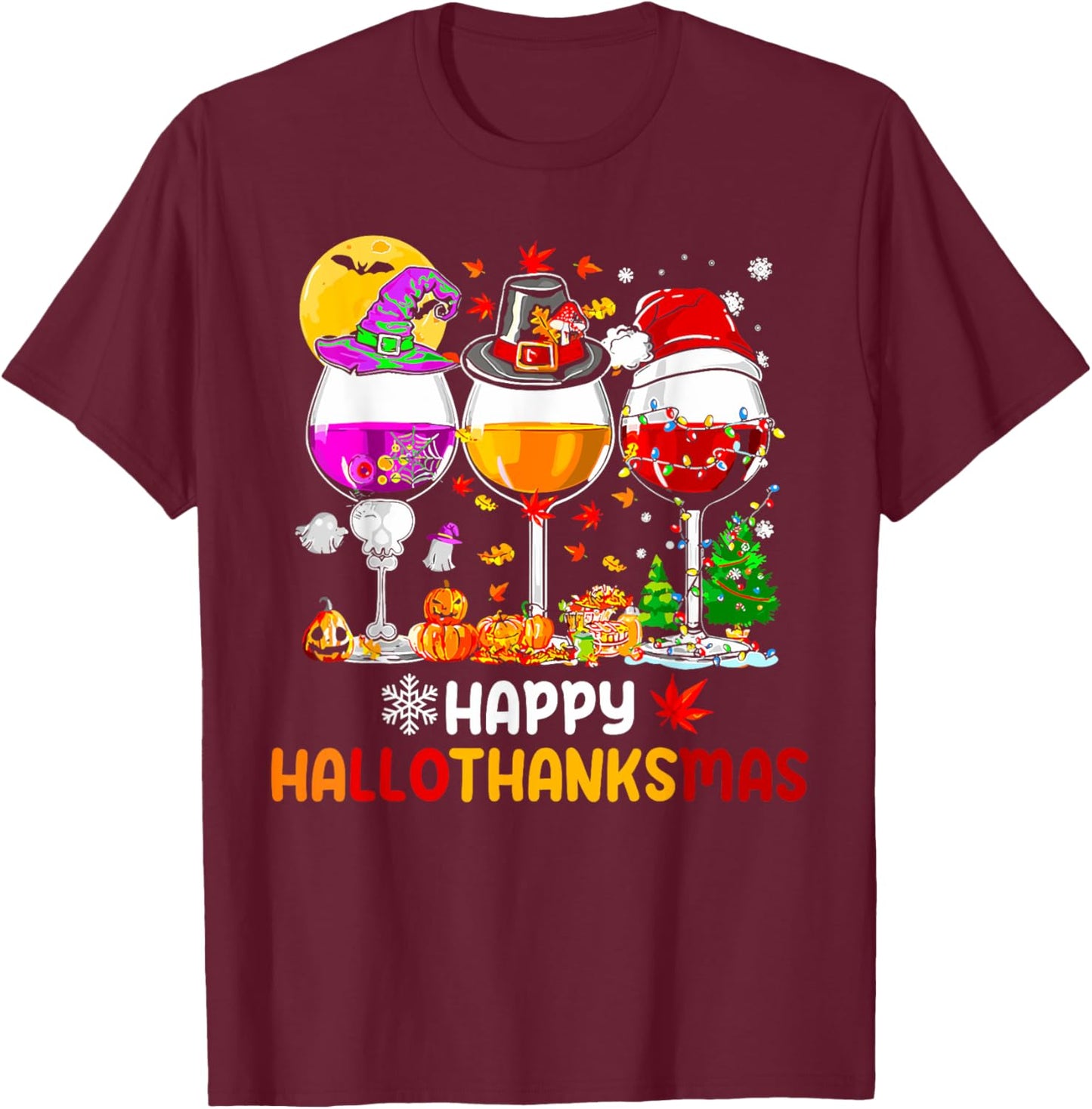 Happy Hallothanksmas Halloween Thanksgiving Christmas Fall T-Shirt - T-Shirt | Maroon