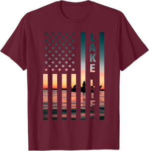 Lake Life Fisherman Sunset American Flag Bass Fishing Boat T-Shirt - T-Shirt | Maroon