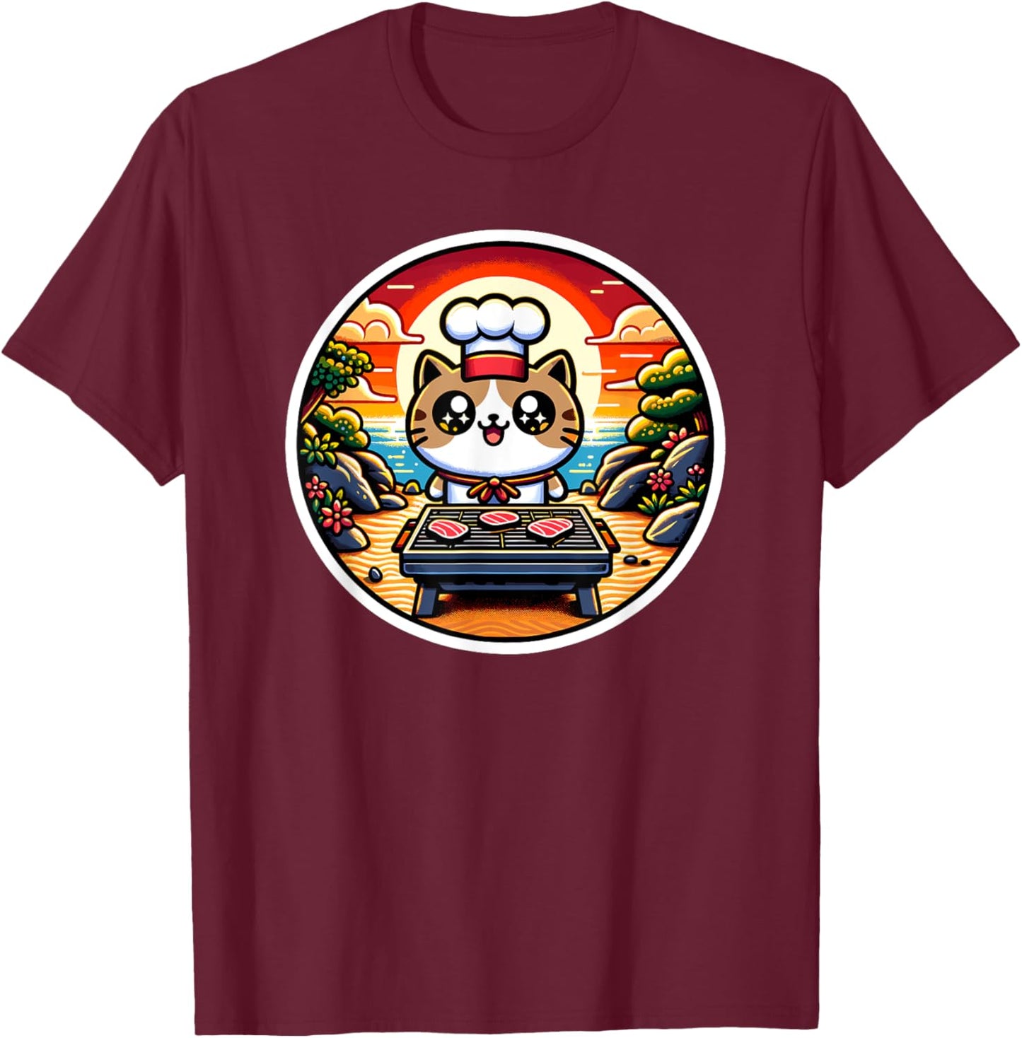 Hibachi Cat Chef, Hibachi Kids, Kawaii Cat Making Hibachi T-Shirt - T-Shirt | Maroon