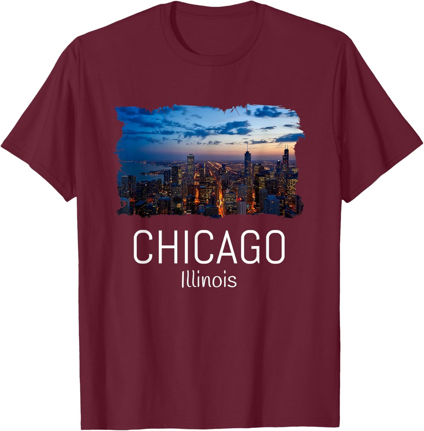 Chicago Skyline At Night Cool Souvenir Chicago Illinois T-Shirt - T-Shirt | Maroon