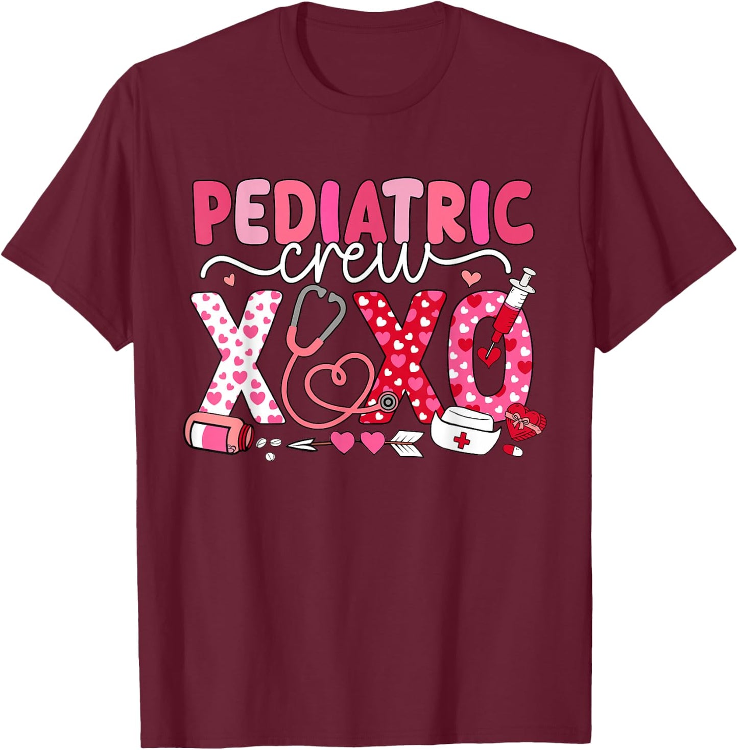 XOXO Nurse Pediatric Crew Nurse Valentine Leopard Crew PEDS T-Shirt - T-Shirt | Maroon