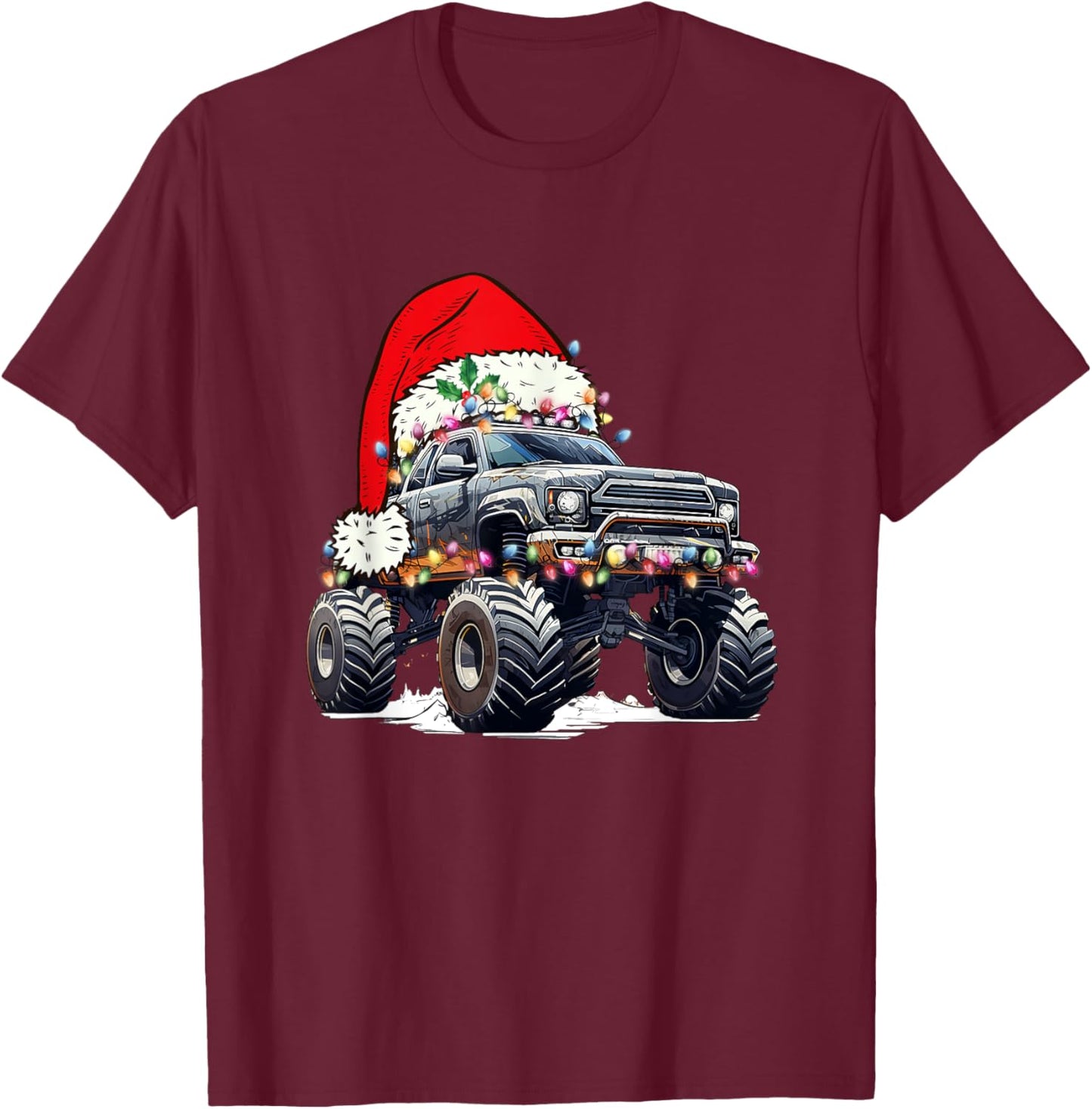 Monster Truck Christmas Tree Ornament Santa Hat Lights Xmas T-Shirt - T-Shirt | Maroon