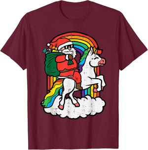 Santa On Unicorn Rainbow Christmas Xmas Toddler Girls Kids T-Shirt - T-Shirt | Maroon