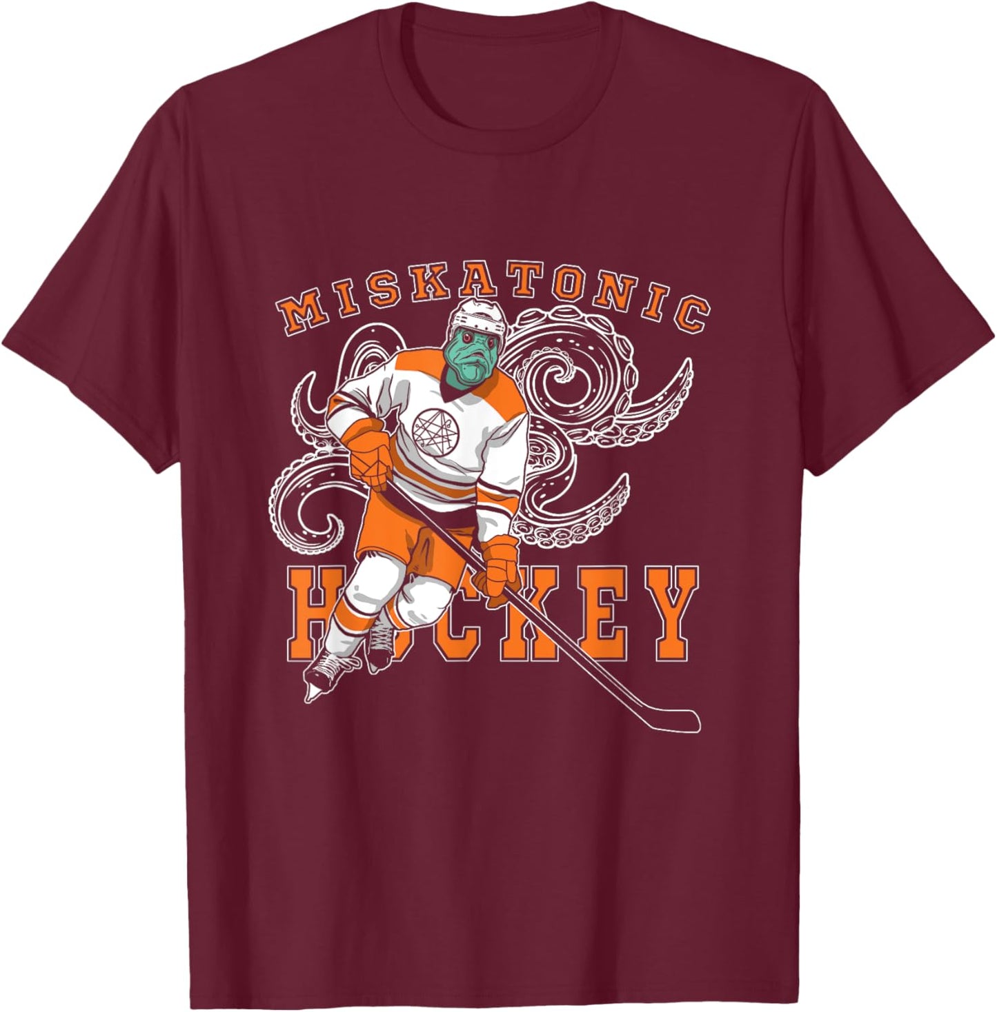 Miskatonic Hockey Sports Orange Horror Graphic On Dark T-Shirt - T-Shirt | Maroon