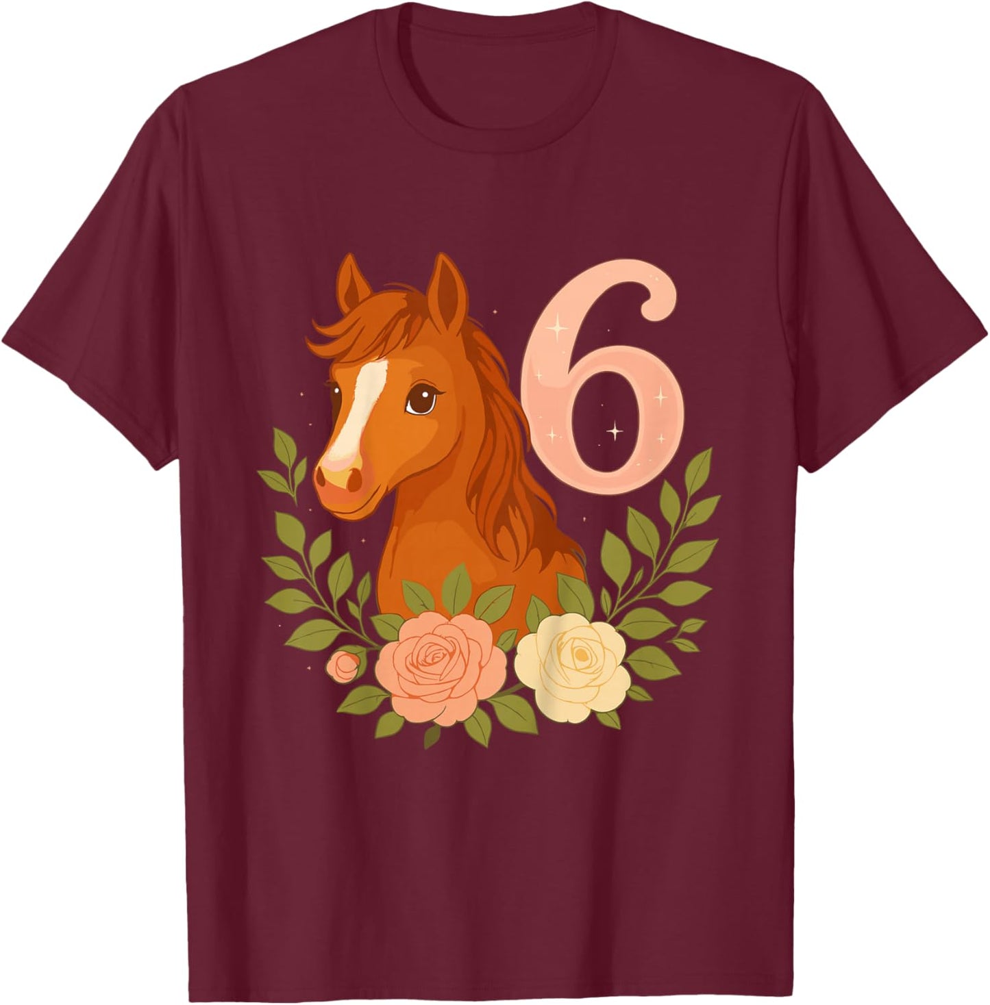 6. Geburtstag, Mädchen, Pferd, Pony & 6 Jahre altes Mädchen Geburtstag T-Shirt - T-Shirt | Maroon