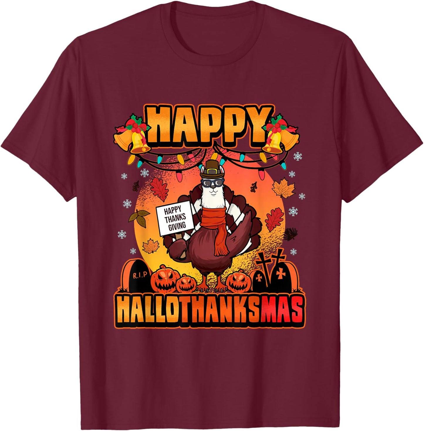 Halloween Christmas Happy Hallothanksmas Llama Turkey T-Shirt - T-Shirt | Maroon