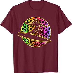 Surfing Girl Water Sports Leopard Surf Art Surfer Women T-Shirt - T-Shirt | Maroon
