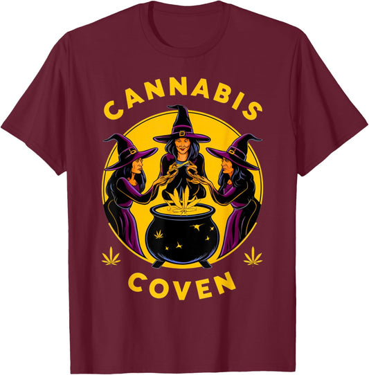 Cannabis Coven Witchy Weed Funny Halloween Marijuana 420 T-Shirt - T-Shirt | Maroon