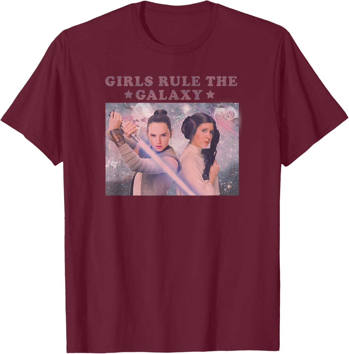 Star Wars Rey & Leia Girls Rule The Galaxy Portrait T-Shirt - T-Shirt | Maroon