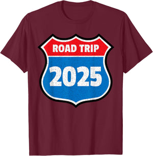 Road Trip 2025 Sign Family Group Matching Distressed T-Shirt - T-Shirt | Maroon