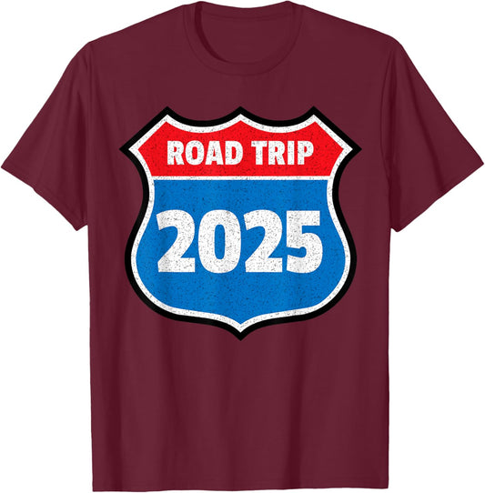Road Trip 2025 Sign Family Group Matching Distressed T-Shirt - T-Shirt | Maroon