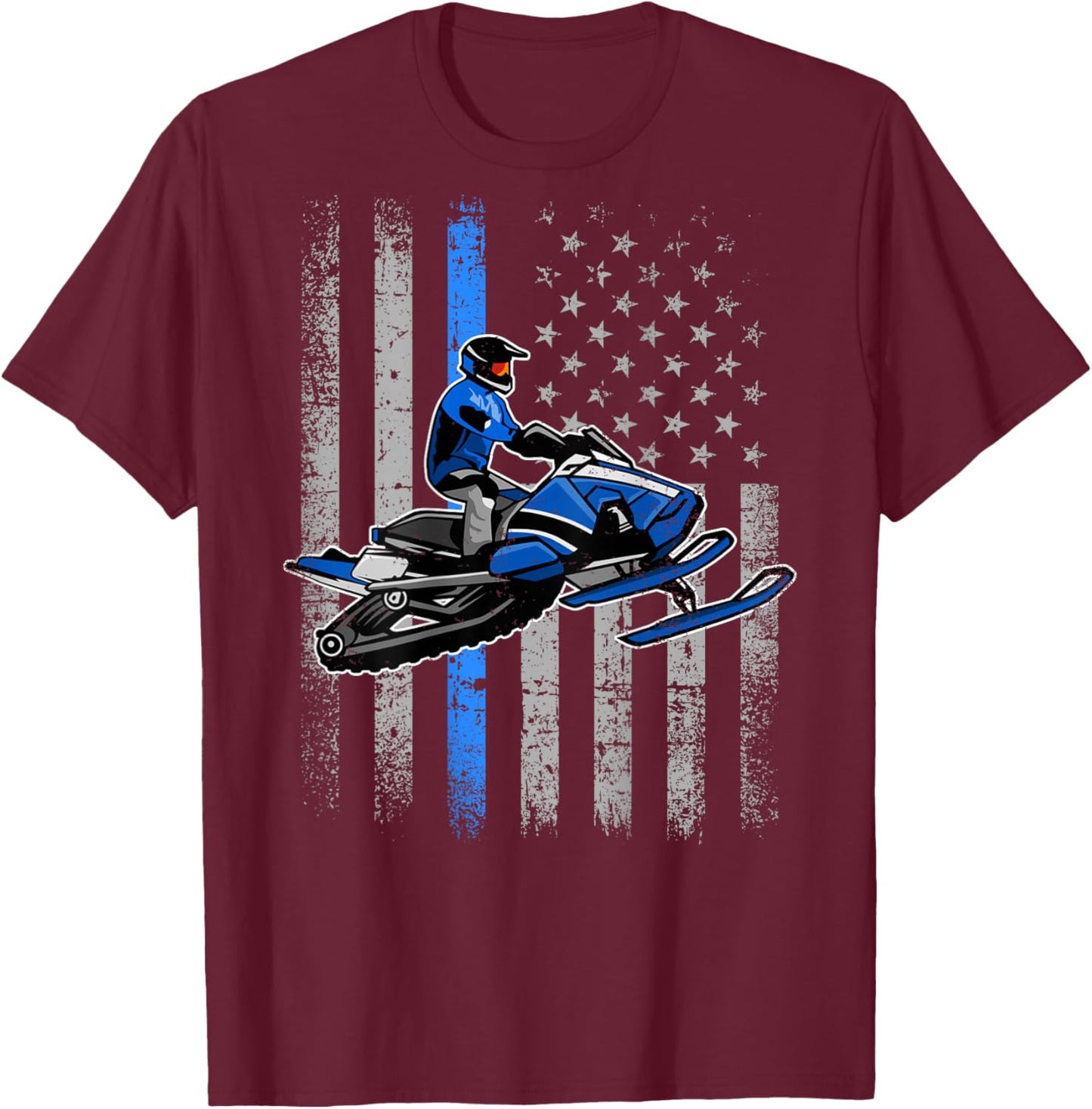 Snowmobile Riding Winter Snow USA American Flag Vintage T-Shirt - T-Shirt | Maroon